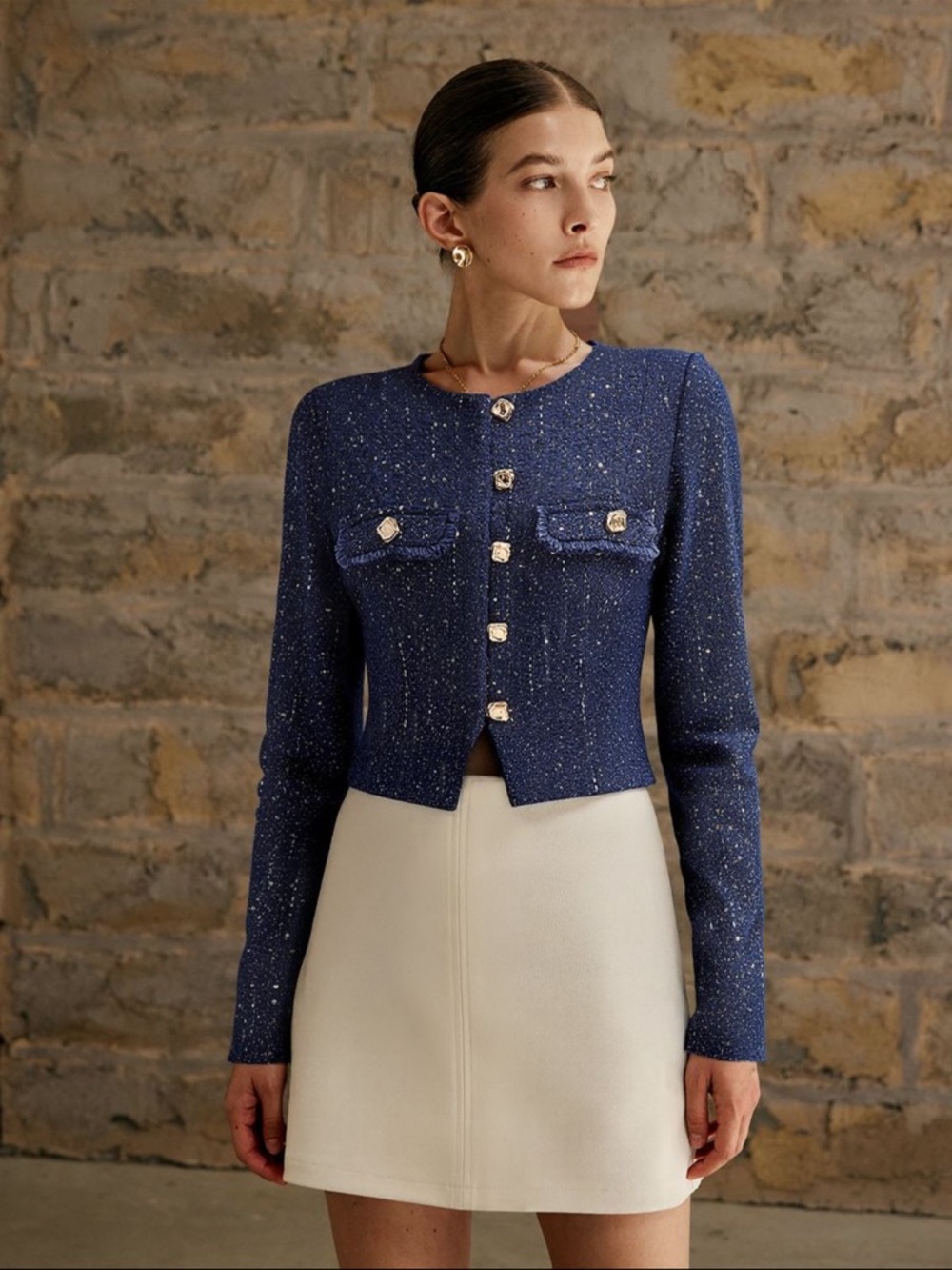 Commense Navy Tweed Cropped Button Jacket